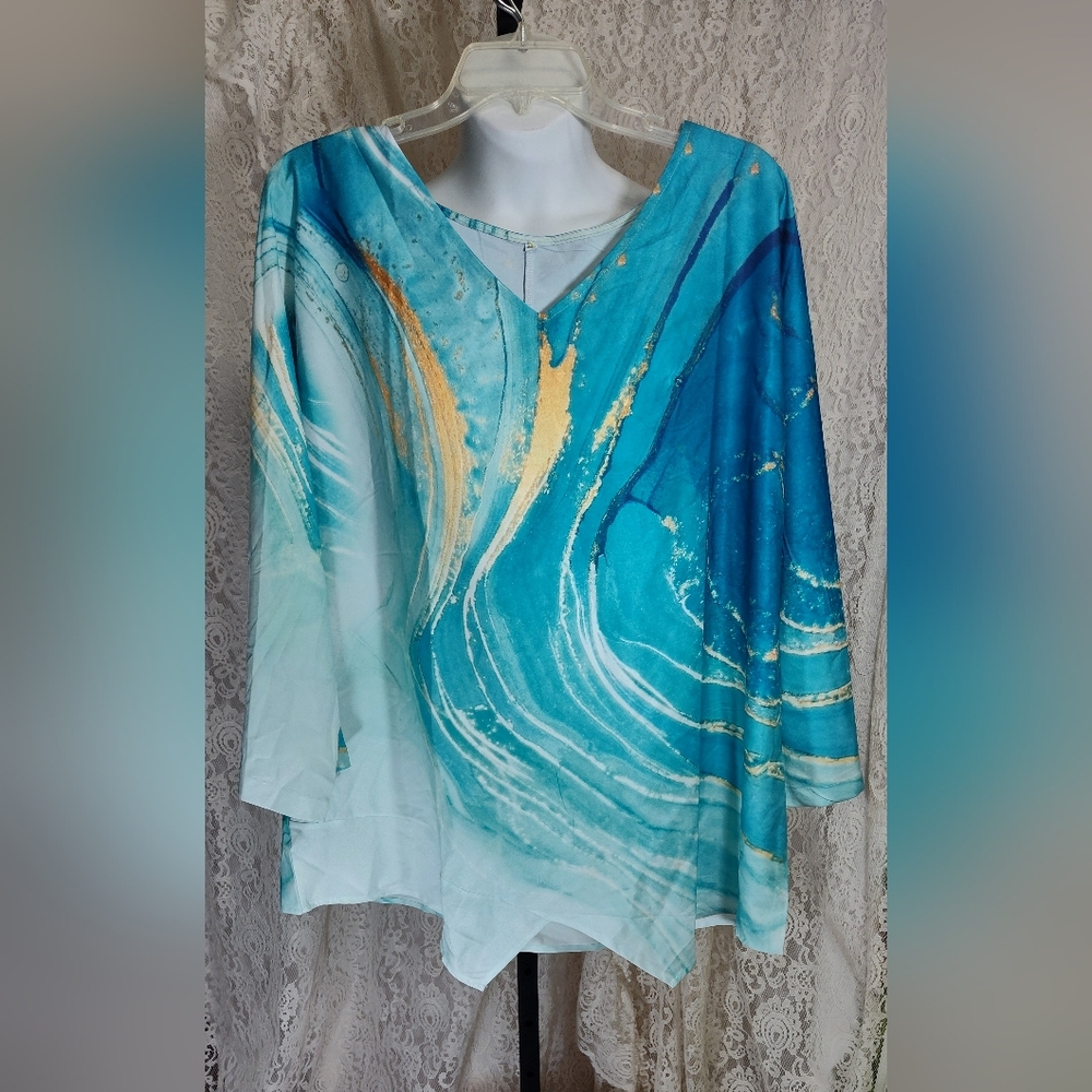 Blue and Gold Abstract V-Neck Blouse